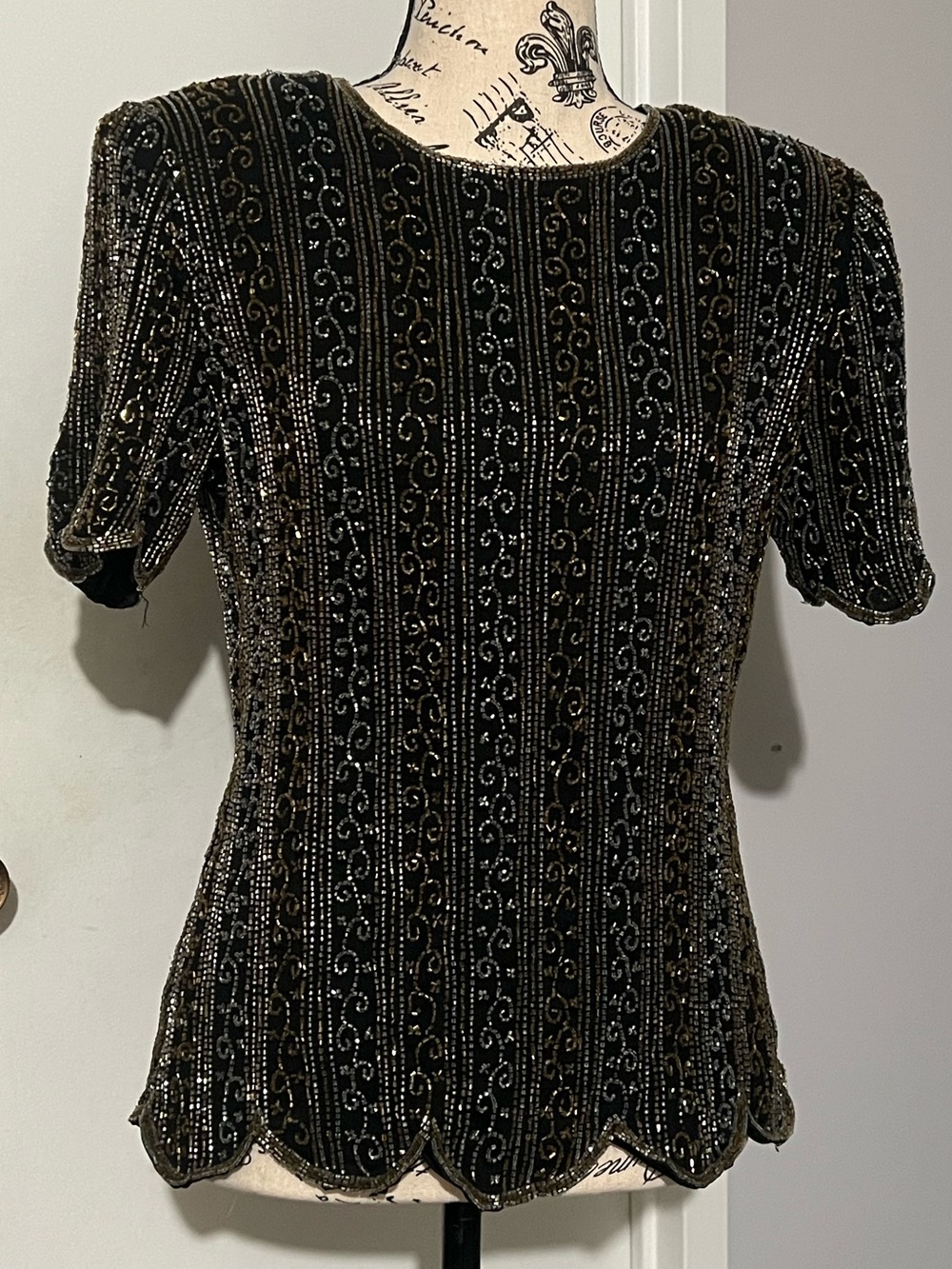 Black Beaded Short Sleeve Evening Top